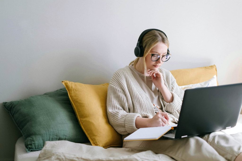 Young woman attending webinar